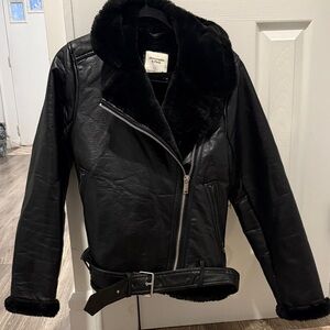Abercrombie & Fitch Black Leather Jacket with Fur Collar